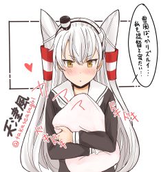 Rule 34 | 1girl, absurdres, amatsukaze (kancolle), brown dress, brown eyes, commentary request, dress, grey hair, hair tubes, hat, highres, kantai collection, long hair, looking at viewer, mini hat, hugging object, pillow, pillow hug, sailor collar, sailor dress, short dress, smokestack hair ornament, solo, takase asagiri, translation request, twitter username, two side up, upper body, white sailor collar