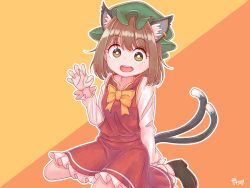 Rule 34 | 1girl, :d, animal ear fluff, animal ears, artist name, black footwear, bow, bowtie, breasts, bright pupils, brown eyes, brown hair, cat ears, cat tail, chen, claw pose, collarbone, earrings, fang, gold trim, green hat, hat, highres, jewelry, long sleeves, looking at viewer, medium hair, mob cap, multiple tails, nekomata, open mouth, orange background, red shirt, red skirt, shirt, simple background, single earring, sitting, skirt, small breasts, smile, solo, tail, touhou, two-tone background, two tails, wariza, yellow background, yellow bow, yellow bowtie, zanasta0810