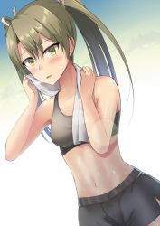 Rule 34 | 1girl, bare arms, bare shoulders, black shorts, blue sky, blush, breasts, cloud, collarbone, dutch angle, green eyes, green hair, gym shorts, hair between eyes, hair ribbon, jewelry, kantai collection, lens flare, long hair, looking at viewer, navel, ohiya, open mouth, ribbon, ring, shiny skin, shorts, side slit, sky, small breasts, solo, sports bra, stomach, sweat, toned, towel, towel around neck, tsurime, twintails, wedding band, white ribbon, zuikaku (kancolle)