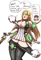 Rule 34 | 1boy, 1girl, absurdres, awesomeerix, bare shoulders, blush, breasts, chest jewel, clothes pull, earrings, english text, gloves, highres, jewelry, large breasts, long hair, meta, mythra (massive melee) (xenoblade), mythra (xenoblade), nintendo, pantyhose, rex (xenoblade), simple background, smile, super smash bros., swept bangs, tiara, torn clothes, undressing, very long hair, xenoblade chronicles (series), xenoblade chronicles 2