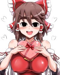 Rule 34 | 1girl, :d, bare shoulders, black eyes, blush, bow, breasts, brown hair, candy, chocolate, chocolate heart, commentary request, cookie (touhou), covered erect nipples, detached sleeves, enperuto (yarumi), eyebrows, food, gift, hair between eyes, hair bow, hair tubes, hakurei reimu, heart, highres, holding, holding gift, impossible clothes, large breasts, open mouth, red bow, ribbon-trimmed sleeves, ribbon trim, sidelocks, simple background, sleeves rolled up, smile, solo, thick eyebrows, touhou, upper body, white background, wide sleeves