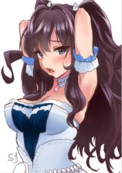 Rule 34 | 10s, 1girl, arm garter, arms behind head, blue eyes, blush, breasts, brown hair, cleavage, dress, ichinose shiki, idolmaster, idolmaster cinderella girls, idolmaster cinderella girls starlight stage, jewelry, long hair, looking at viewer, necklace, open mouth, pocket watch, shift (waage), simple background, sleeveless, sleeveless dress, solo, teeth, watch, white background