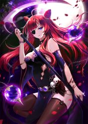 Rule 34 | 1girl, ahoge, bad id, bad pixiv id, bare shoulders, black thighhighs, blue eyes, chain, closed mouth, eyepatch, female focus, full moon, hair ornament, holding, holding weapon, jewelry, long hair, looking at viewer, moon, original, phonic, red hair, ring, scythe, skull, sky, solo, thighhighs, weapon