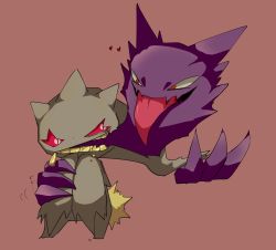 Rule 34 | banette, commentary request, crack, creatures (company), eye contact, fang, game freak, gen 1 pokemon, gen 3 pokemon, haunter, heart, highres, looking at another, nintendo, no humans, oimo kenpi, open mouth, pokemon, pokemon (creature), red eyes, skin fang, teeth, tongue, tongue out, zipper pull tab