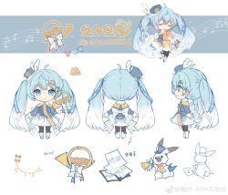 Rule 34 | 2020, absurdres, ahoge, band uniform, beamed eighth notes, blue eyes, blue hair, boots, bow, bowtie, character sheet, chibi, dress bow, eighth note, epaulettes, french horn, fringe trim, from behind, from side, hat, hat feather, hatsune miku, highres, horn (instrument), instrument, long hair, looking at viewer, maple (57675110), mini hat, mini top hat, musical note, musical note print, official art, quarter note, rabbit, sheet music, skirt, smile, snowflake print, staff (music), thighhighs, top hat, translated, treble clef, twintails, very long hair, vocaloid, yuki miku, yuki miku (2020), yukine (vocaloid)