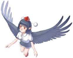 Rule 34 | 1girl, bird wings, black hair, black ribbon, black skirt, black wings, breasts, channel ikihaji, closed mouth, collared shirt, feathered wings, flying, frilled skirt, frilled sleeves, frills, geta, hat, medium breasts, pointy ears, pom pom (clothes), puffy short sleeves, puffy sleeves, red eyes, red footwear, red hat, ribbon, shameimaru aya, shirt, short hair, short sleeves, simple background, skirt, tengu, tengu-geta, tokin hat, touhou, white background, white shirt, wings