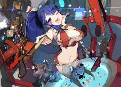 Rule 34 | 1girl, ;d, absurdres, blue hair, breasts, hand fan, fish, folding fan, groin, highres, holding, izuru (timbermetal), koi, light particles, long hair, looking at viewer, mask, navel, one eye closed, open mouth, original, ponytail, purple eyes, smile, solo, thighhighs, water, wink, wrist cuffs