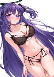 Rule 34 | 1girl, :&lt;, bare arms, bare shoulders, black bra, black panties, blue archive, blush, bra, breasts, cleavage, closed mouth, collarbone, commentary request, dutch angle, hair ornament, halo, head tilt, highres, katsushika pachi, large breasts, long hair, mechanical halo, multi-strapped panties, navel, panties, purple eyes, purple hair, simple background, solo, stomach, two side up, underwear, underwear only, very long hair, white background, yuuka (blue archive)