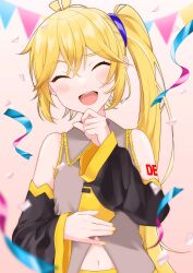 Rule 34 | 1girl, akita neru, bare arms, birthday, black sleeves, blonde hair, blurry, blurry background, closed eyes, commentary, confetti, detached sleeves, facing viewer, frilled shirt collar, frills, grey shirt, hair tie, hand on own chin, hand on own stomach, highres, light blush, long hair, midriff, nail polish, navel, open mouth, shirt, shoulder tattoo, side ponytail, sleeveless, sleeveless shirt, smile, solo, streamers, string of flags, tattoo, teeth, tsugumi 0209, upper body, upper teeth only, very long hair, vocaloid, yellow nails
