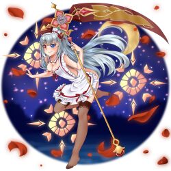 Rule 34 | 1girl, apron, bare arms, blue eyes, breasts, cleavage, falling petals, feet, hair ornament, hair ribbon, highres, holding, holding scythe, holding weapon, long hair, looking at viewer, luminous valentine, maid apron, medium breasts, nail polish, night, night sky, non-web source, petals, red eyes, red ribbon, ribbon, rose petals, scythe, see-through, simple background, sky, smile, solo, tensei shitara slime datta ken, thighhighs, valentine, very long hair, weapon