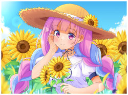 Rule 34 | 1girl, blue hair, blue nails, blue ribbon, blue sky, braid, breasts, brown hat, closed mouth, cloud, collarbone, collared shirt, day, dress shirt, flower, hand up, hat, hat flower, highres, holding, holding flower, hololive, long hair, medium breasts, minato aqua, multicolored hair, nail polish, neck ribbon, outdoors, petals, pink hair, puffy short sleeves, puffy sleeves, purple eyes, ribbon, shirt, short sleeves, sky, smile, solo, straw hat, sunflower, twin braids, twintails, two-tone hair, upper body, very long hair, virtual youtuber, white shirt, x-6, yellow flower
