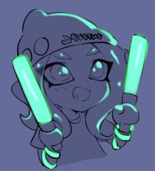 Rule 34 | 1girl, :d, bad id, bad twitter id, beanie, bracelet, dot nose, eyes visible through hair, fang, glowstick, hat, holding, jewelry, jtveemo, long hair, nintendo, octoling, octoling girl, octoling player character, open mouth, purple background, shirt, short sleeves, smile, solo, splatoon (series), splatoon 2, suction cups, t-shirt, tentacle hair