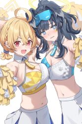 Rule 34 | 2girls, absurdres, ahoge, black hair, blonde hair, blue archive, blue eyes, breast press, breasts, cheerleader, cleavage, halo, hibiki (blue archive), hibiki (cheer squad) (blue archive), highres, kotori (blue archive), kotori (cheer squad) (blue archive), large breasts, looking at viewer, millennium cheerleader outfit (blue archive), multiple girls, navel, official alternate costume, open mouth, pom pom (cheerleading), red eyes, simoumi 217, skirt, smile, star sticker, sticker on face, sweat, symmetrical docking, triangle halo, white skirt, yellow halo