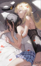 Rule 34 | 10s, 2girls, absurdres, alternate costume, bare arms, bare shoulders, bed, bed sheet, black dress, black hair, blonde hair, blue eyes, blue skirt, breast press, breasts, brown hair, casual, closed eyes, couple, dress, female focus, from above, hair ornament, hair over shoulder, hair ribbon, hat, unworn hat, unworn headwear, highres, hug, hug from behind, kantai collection, kentllaall, long hair, looking away, lying, medium breasts, messy hair, miniskirt, multiple girls, on bed, on side, open mouth, petals, pillow, plaid, plaid skirt, ribbon, shigure (kancolle), shirt, short hair, signature, skirt, sleeping, sleepwear, sleeveless, sleeveless dress, sleeveless shirt, small breasts, yuri, yuudachi (kancolle)