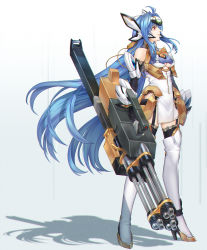 Rule 34 | 1girl, ahoge, android, bare shoulders, blue hair, breasts, elbow gloves, bad tag, full body, gloves, highres, holding, holding weapon, kos-mos, kos-mos ver. 4, long hair, looking to the side, medium breasts, ohse, red eyes, solo, standing, thighhighs, underboob, very long hair, weapon, xenosaga, xenosaga episode iii