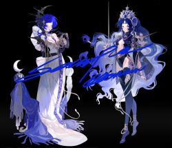 Rule 34 | 2girls, black background, black gloves, blue eyes, blue hair, blue lips, breasts, cleavage, closed mouth, dress, earrings, elbow gloves, english text, gillannn, gloves, hair between eyes, hair ornament, harp, highres, holding, holding instrument, holding sword, holding weapon, instrument, jewelry, lipstick, long dress, long hair, long sleeves, makeup, medium breasts, multiple girls, navel, original, serious, short hair, sidelocks, simple background, standing, sword, weapon, white dress