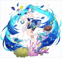 Rule 34 | 1girl, animal, backless dress, backless outfit, bare shoulders, blue dress, blue eyes, blue hair, closed mouth, clownfish, coral, dress, fish, from behind, hakusai (tiahszld), hatsune miku, headphones, highres, holding, holding microphone, long hair, looking at viewer, looking back, microphone, platform footwear, resolution mismatch, sandals, seashell, shell, shoe soles, solo, source smaller, starfish, turtle, twintails, very long hair, vocaloid, white background