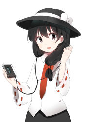 Rule 34 | 1girl, :d, alternate costume, black hair, black hat, blush, bow, brown eyes, cassette player, cassette tape, hair bow, hair over shoulder, hat, hat bow, highres, holding, hota, long hair, long sleeves, low-tied long hair, low ponytail, necktie, open mouth, red bow, red necktie, shirt, simple background, smile, solo, tareme, touhou, upper body, usami renko, white background, white bow, white shirt, wide sleeves