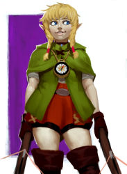 Rule 34 | 1girl, blonde hair, blue eyes, boots, bow (weapon), braid, cowboy shot, crossbow, dual wielding, highres, holding, holding weapon, hyrule warriors, linkle, looking to the side, nintendo, pointy ears, smile, solo, the legend of zelda, thigh boots, thighhighs, twin braids, weapon
