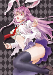Rule 34 | 1girl, absurdres, animal ears, argyle, argyle background, argyle clothes, black thighhighs, bra, dress shirt, female focus, highres, lingerie, loafers, long hair, necktie, no panties, open clothes, open mouth, open shirt, purple eyes, purple hair, rabbit ears, red necktie, reisen udongein inaba, shirt, shoes, skirt, solo, tachibana chata, thighhighs, touhou, underwear