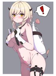 Rule 34 | !, 1girl, :&lt;, animal print, bikini, blonde hair, blush, bottle, breasts, closed mouth, cow horns, cow print, cow tail, from side, genshin impact, gloves, highres, holster, horns, hose nozzle, large breasts, looking at viewer, lumine (genshin impact), medium hair, milk, milk bottle, milking machine, navel, pubic tattoo, side-tie bikini bottom, skyhood, solo, sweat, swimsuit, tail, tattoo, thigh holster, two-tone bikini, two-tone gloves, yellow eyes