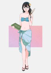 Rule 34 | 1girl, bad id, bad twitter id, bandeau, bare shoulders, bikini, black hair, blue bikini, book, breasts, cleavage, collarbone, commentary, flower, full body, glasses, green eyes, hair between eyes, hair flower, hair ornament, hair over shoulder, hair ribbon, hairband, highres, holding, holding quill, kantai collection, legs, long hair, looking at viewer, navel, o-ring, o-ring bikini, o-ring top, ojipon, ooyodo (kancolle), open mouth, plaid, plaid bikini, quill, ribbon, semi-rimless eyewear, shoes, simple background, smile, solo, standing, stomach, swimsuit, symbol-only commentary, tress ribbon, under-rim eyewear, yellow flower