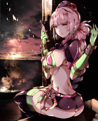 Rule 34 | 1girl, ass, bikini, boots, breasts, cleavage, covered erect nipples, fate/grand order, fate (series), florence nightingale (fate), florence nightingale (trick or treatment) (fate), garter straps, green thighhighs, hat, highres, kyuu (plastic night q), large breasts, looking back, miniskirt, nurse cap, official alternate costume, orange eyes, pink hair, shrug (clothing), sideboob, sitting, skirt, solo, swimsuit, syringe, thigh boots, thighhighs, thighhighs under boots
