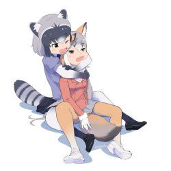 Rule 34 | 2girls, animal ears, beleven, black footwear, black skirt, blue sweater, brown eyes, commentary request, common raccoon (kemono friends), elbow gloves, extra ears, fox ears, fox girl, fox tail, fur trim, gloves, grey gloves, grey hair, grey legwear, grey skirt, highres, island fox (kemono friends), jacket, kemono friends, kemono friends v project, loafers, long sleeves, multicolored clothes, multicolored hair, multicolored legwear, multiple girls, one eye closed, open mouth, orange hair, orange jacket, orange pantyhose, pantyhose, pleated skirt, puffy short sleeves, puffy sleeves, raccoon ears, raccoon girl, raccoon tail, shoes, short hair, short sleeves, sitting, skirt, sweater, tail, virtual youtuber, white footwear, white fur, white gloves, white hair, yellow eyes