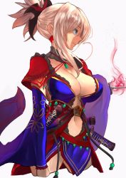 Rule 34 | 1girl, blue eyes, breasts, cleavage, clothing cutout, contrapposto, cowboy shot, criss-cross halter, cropped legs, detached collar, detached sleeves, earrings, fate/grand order, fate (series), hair ornament, halterneck, highres, hotate-chan, jewelry, katana, large breasts, magatama, magatama necklace, miyamoto musashi (fate), miyamoto musashi (third ascension) (fate), navel, navel cutout, necklace, o-ring, o-ring top, pink hair, profile, sheath, short ponytail, simple background, single earring, single sidelock, solo, standing, sword, weapon, wide sleeves