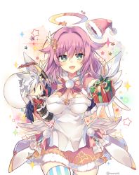 Rule 34 | 1girl, bow, breasts, christmas tree hair ornament, dress, gift, hair ornament, halo, hat, holding, holding gift, luca (shironeko project), outstretched arm, outstretched hand, pink bow, pink hair, rento (rukeai), santa hat, shironeko project, solo, star (symbol), striped clothes, striped thighhighs, thighhighs, vertical-striped clothes, vertical-striped thighhighs, white dress, wings