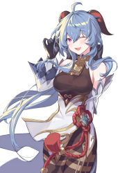 Rule 34 | 1girl, absurdres, ahoge, bell, black bodysuit, black gloves, blue hair, blush, bodysuit, breasts, commentary, cowbell, cowboy shot, detached sleeves, dress, eyelashes, fang, flower knot, ganyu (genshin impact), genshin impact, gloves, goat horns, gold trim, hair between eyes, highres, holding, holding hair, horns, light blue hair, long hair, looking at viewer, medium breasts, neck bell, one eye closed, open mouth, pelvic curtain, ponytail, purple eyes, sidelocks, simple background, skin tight, smile, solo, sugarhigh, white background, white dress