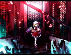 Rule 34 | 1girl, ascot, bad id, bad pixiv id, ball, blonde hair, bow, dress, embodiment of scarlet devil, female focus, flandre scarlet, frills, gem, hat, hat bow, letterboxed, looking at viewer, red eyes, side ponytail, solo, touhou, wings, wrist cuffs, zen33n