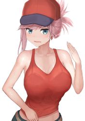 Rule 34 | 1girl, absurdres, asymmetrical hair, bare shoulders, baseball cap, blue eyes, blush, breasts, cleavage, collarbone, fanning face, fate/grand order, fate (series), hat, highres, hoshibudou, large breasts, long hair, looking at viewer, midriff, miyamoto musashi (fate), miyamoto musashi (traveling outfit) (fate), open mouth, pink hair, ponytail, red hat, red tank top, simple background, solo, sweat, swept bangs, tank top, white background