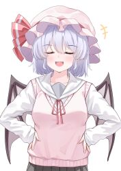 Rule 34 | 1girl, :d, alternate costume, bat wings, blush, closed eyes, collarbone, commentary request, facing viewer, grey hair, hands on own hips, hat, hat ribbon, highres, long sleeves, mahoro (minase mahoro), mob cap, open mouth, pink sweater, red ribbon, remilia scarlet, ribbon, short hair, simple background, smile, solo, sweater, touhou, upper body, white background, white hat, wings