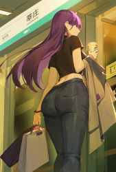 Rule 34 | 1girl, absurdres, airpods, alternate costume, ass, bag, black shirt, bracelet, breasts, cup, denim, disposable cup, earbuds, earphones, fate/grand order, fate (series), from behind, from below, highres, holding, holding bag, holding clothes, holding cup, holding jacket, jacket, jeans, jewelry, lance (lancelliu), long hair, looking at viewer, looking back, looking down, pants, profile, purple hair, scathach (fate), shirt, shopping bag, solo, straight hair, t-shirt, train, train station, wireless earphones
