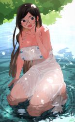 Rule 34 | 1girl, black eyes, black hair, blush, breasts, brown hair, cleavage, dress, glasses, highres, huge breasts, kneeling, long hair, multicolored hair, open mouth, original, ripples, round eyewear, ryusei hashida, see-through, signature, solo, water, wavy mouth, wet, wet clothes, white dress