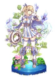 Rule 34 | 1girl, absurdres, armored boots, blonde hair, boots, breasts, cape, chakram, cleavage, dress, flower, flower knight girl, full body, gloves, highres, holding, holding weapon, knee boots, lindernia (flower knight girl), manano manamana, medium breasts, miniskirt, name connection, object namesake, official art, short hair, side ponytail, simple background, skirt, solo, standing, striped clothes, striped dress, tachi-e, teeth, thighhighs, thighhighs under boots, upper teeth only, v, vertical-striped clothes, vertical-striped dress, weapon, white background, white gloves, white thighhighs, zettai ryouiki