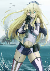 Rule 34 | 10s, 1girl, :q, aiming, aiming at viewer, aircraft, airplane, alternate eye color, blonde hair, bomb, bomber, breasts, cityscape, cleavage, cowboy shot, day, elbow gloves, explosive, fingerless gloves, garter straps, gloves, green eyes, grey sky, gun, headgear, highres, iowa (kancolle), kakekcaboel, kantai collection, long hair, looking at viewer, military, military vehicle, miniskirt, navel, outdoors, reflex sight, rifle, ship, silhouette, skirt, sky, smile, smoke, solo, splashing, spread legs, standing, star-shaped pupils, star (symbol), striped clothes, striped thighhighs, symbol-shaped pupils, thighhighs, tongue, tongue out, unbuttoned, warship, water, watercraft, weapon
