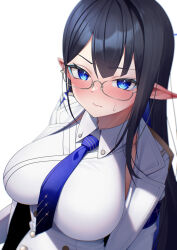 Rule 34 | 1girl, black hair, blue archive, blue eyes, blue hair, blue necktie, blush, breasts, colored inner hair, dress, glasses, gloves, halo, highres, large breasts, long hair, looking at viewer, multicolored hair, necktie, pointy ears, rin (blue archive), seele0907, solo, very long hair, white background, white gloves