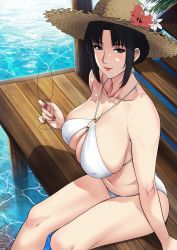 Rule 34 | 1girl, arm support, bare shoulders, bikini, black hair, breasts, champagne flute, cleavage, covered erect nipples, cup, drinking glass, earrings, flower, from above, hat, hat flower, highres, holding, holding cup, jewelry, large breasts, mature female, mole, mole under mouth, nail polish, nush (xter), o-ring, o-ring top, original, red nails, sitting, sun hat, swimsuit, water, white bikini, xter