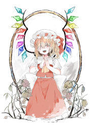 Rule 34 | 1girl, :d, absurdres, ascot, blonde hair, crystal, fangs, flandre scarlet, flower, hat, hat ribbon, highres, interlocked fingers, looking at viewer, mob cap, nail polish, niseneko (mofumofu ga ienai), open mouth, own hands together, rainbow order, red nails, red ribbon, red skirt, red vest, ribbon, shirt, short sleeves, skirt, smile, solo, touhou, vest, white background, white hat, white shirt, wings, wrist cuffs, yellow ascot, yellow eyes