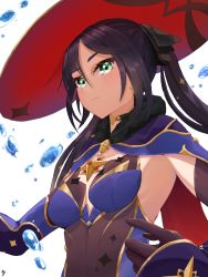 Rule 34 | 1girl, agino, blush, breasts, cape, choker, detached sleeves, earrings, genshin impact, green eyes, half-closed eyes, hat, highres, jewelry, leotard, looking at viewer, mona (genshin impact), simple background, solo, upper body, water, white background, witch hat