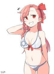 Rule 34 | 1girl, bikini, boca, bow, cowboy shot, front-tie top, girls&#039; frontline, grin, hair ornament, hair ribbon, hairclip, hexagram, long hair, looking at viewer, navel, negev (girls&#039; frontline), pink hair, red bow, red eyes, red ribbon, ribbon, simple background, smile, solo, star of david, swimsuit, thigh gap, white background, white bikini