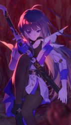 Rule 34 | 1girl, absurdres, armpits, arms up, bare shoulders, belt, blue eyes, blue gloves, breasts, choker, commentary request, cowboy shot, dark background, detached sleeves, earrings, emblem, eyebrows, eyelashes, feathers, gloves, highres, holding, holding sword, holding weapon, honkai (series), honkai impact 3rd, jewelry, katana, light rays, long hair, looking at viewer, neck ribbon, pantyhose, purple hair, rafaelaaa, raiden mei, raiden mei (apho), ribbon, ribbon choker, signature, solo, sword, very long hair, weapon