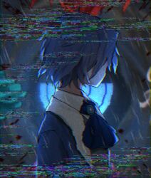 Rule 34 | 1boy, ascot, blue ascot, blue coat, blue hair, chesed (project moon), coat, collared shirt, facing away, glitch, lobotomy corporation, long sleeves, love mintchoco, project moon, rain, shirt, sidelocks, solo, upper body, white shirt