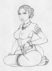 Rule 34 | 1girl, ass, breasts, bridal gauntlets, capcom, corset, earrings, g-string, graphite (medium), greyscale, jewelry, large breasts, bridal garter, lips, lm (legoman), monochrome, necklace, nipples, panties, resident evil, resident evil 5, sheva alomar, short ponytail, sketch, solo, tattoo, thong, toes, topless, traditional media, underwear