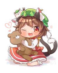 Rule 34 | 1girl, :3, animal ear fluff, animal ears, blush, bobby socks, cat ears, cat tail, chen, chibi, creature on head, hugging doll, fang, food, hat, heart, highres, ibaraki natou, long sleeves, looking at viewer, mob cap, mochen, mochi, multiple tails, o o, hugging object, one eye closed, open mouth, red eyes, red skirt, red vest, shirt, sitting, skirt, skirt set, socks, solo, stuffed animal, stuffed toy, tail, teddy bear, touhou, vest, wariza, white background, white shirt, white socks
