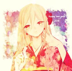 Rule 34 | 10s, 1boy, 2016, afuro terumi, androgynous, blonde hair, dated, earrings, english text, happy new year, inazuma eleven, inazuma eleven (series), japanese clothes, jewelry, kimono, light smile, long hair, male focus, new year, red eyes, solo, ui97, upper body