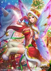 Rule 34 | 1girl, antennae, armlet, bell, blonde hair, blue eyes, boots, breasts, christmas tree, cleavage, copyright name, fairy, fairy wings, fur trim, gloves, hand on own hip, hat, high heel boots, high heels, looking at viewer, magnus ignis, navia the guiding fairy, neoartcore, noel navia, official art, santa costume, santa hat, sitting, snowing, snowman, solo, thighhighs, transparent wings, watermark, web address, wings