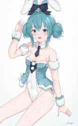 1girl absurdres animal_ears aqua_eyes aqua_hair bare_shoulders bicute_bunnies_miku bicute_bunnies_miku_(white_bunny) bow breasts cleavage double_bun fake_animal_ears fishnet_pantyhose fishnets fur_trim hair_bun hand_up hatsune_miku highres leotard looking_at_viewer medium_breasts necktie okome_(okome_0627ha) pantyhose playboy_bunny rabbit_ears solo strapless tied_ears vocaloid white_background wrist_cuffs